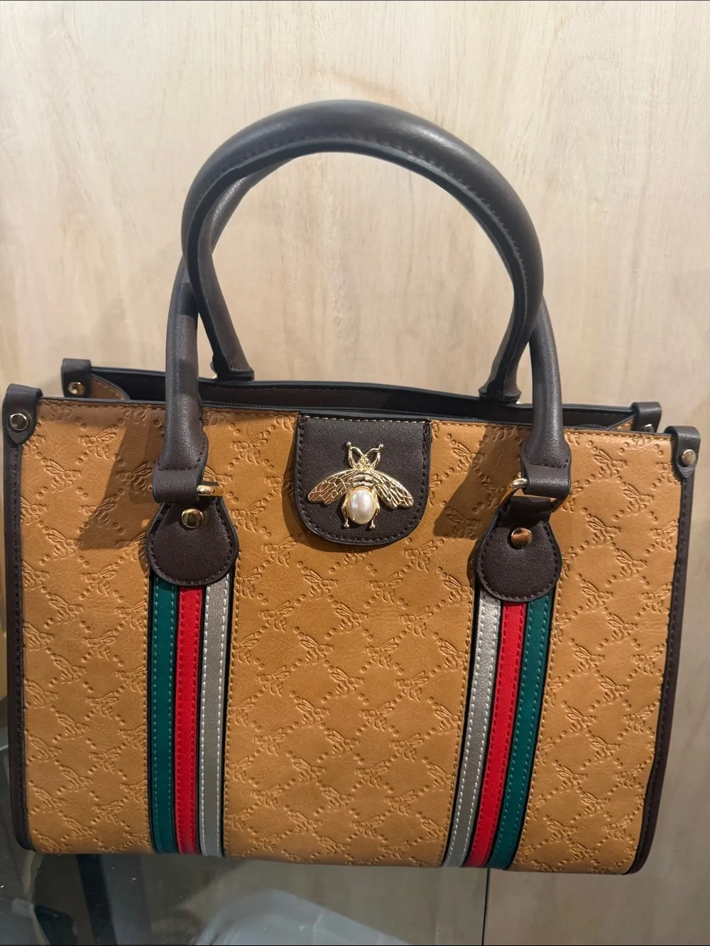 Stylish Tan Women's Tote Bag with Green & Red Stripe